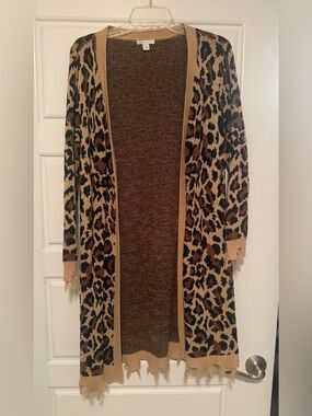 Cato Leopard Print Open-Front Long Cardigan Sweater - Brown/Tan/Black